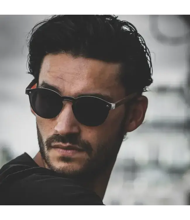 Round Walnut Wood Sunglasses with Black Polarized Lenses