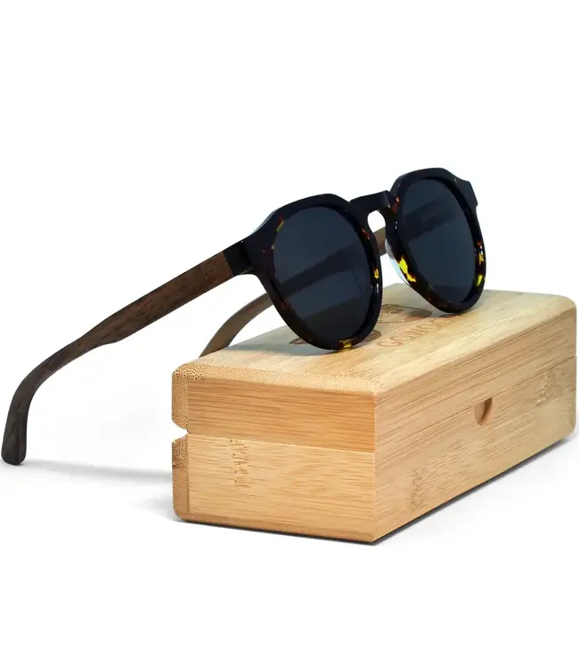 Walnut Panto Sunglasses Tortoise Frame Black Polarized Lens