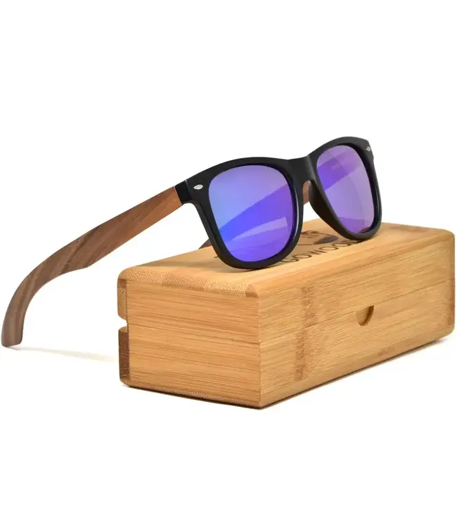 Walnut Wood Sunglasses with Blue Mirrored Polarized Lenses