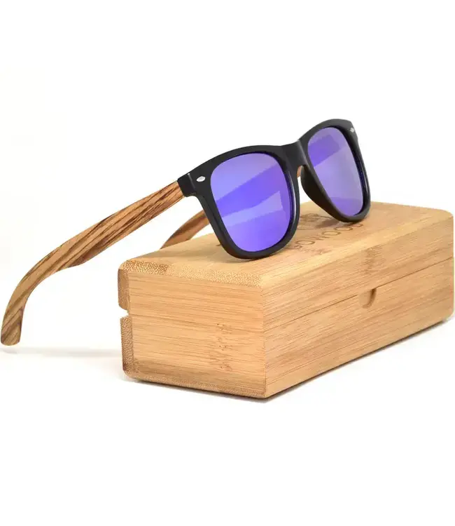 Zebra Wood Sunglasses with Blue Mirrored Polarized Lenses