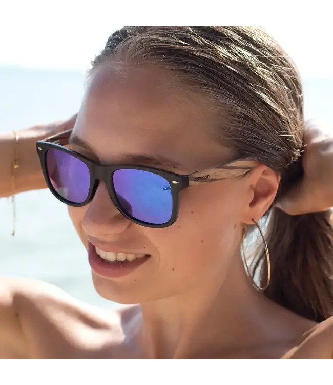 Zebra Wood Sunglasses with Blue Mirrored Polarized Lenses