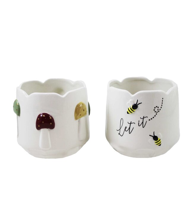 White Ceramic Planter Pot Asst. Bees & Mushrooms