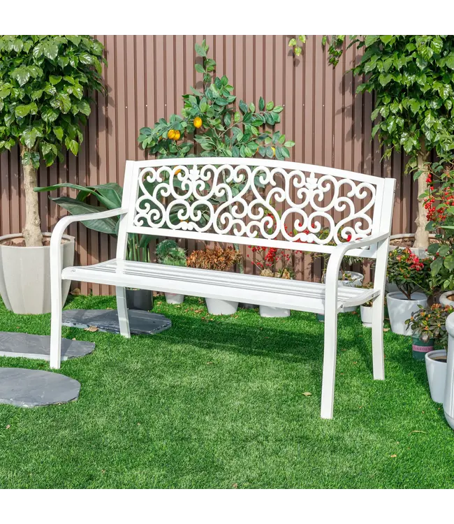 Harmony in White- Steel and Cast Iron Garden Bench