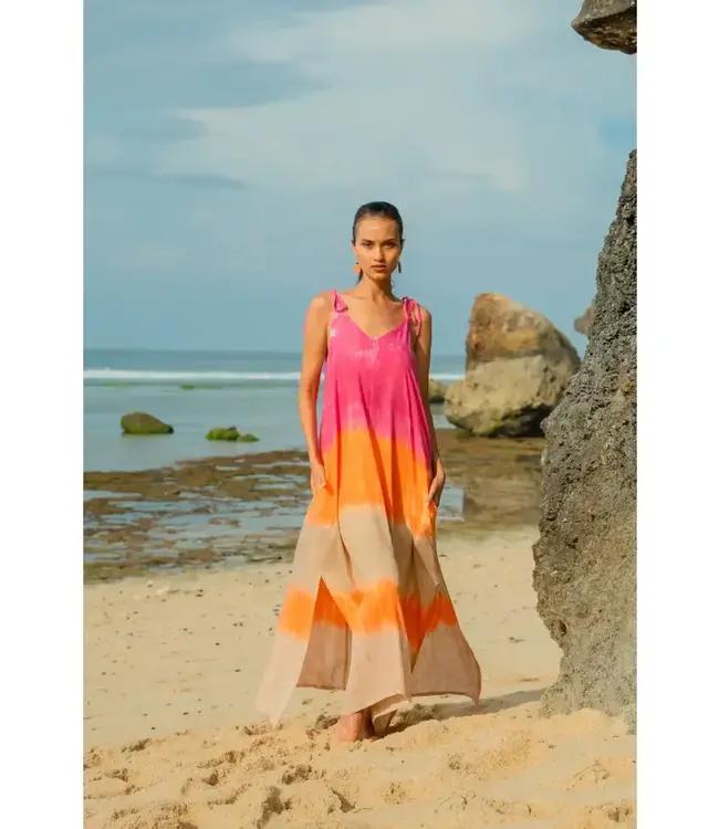 Ombre Strped Tie Shoulder Dress - Pink & Orange