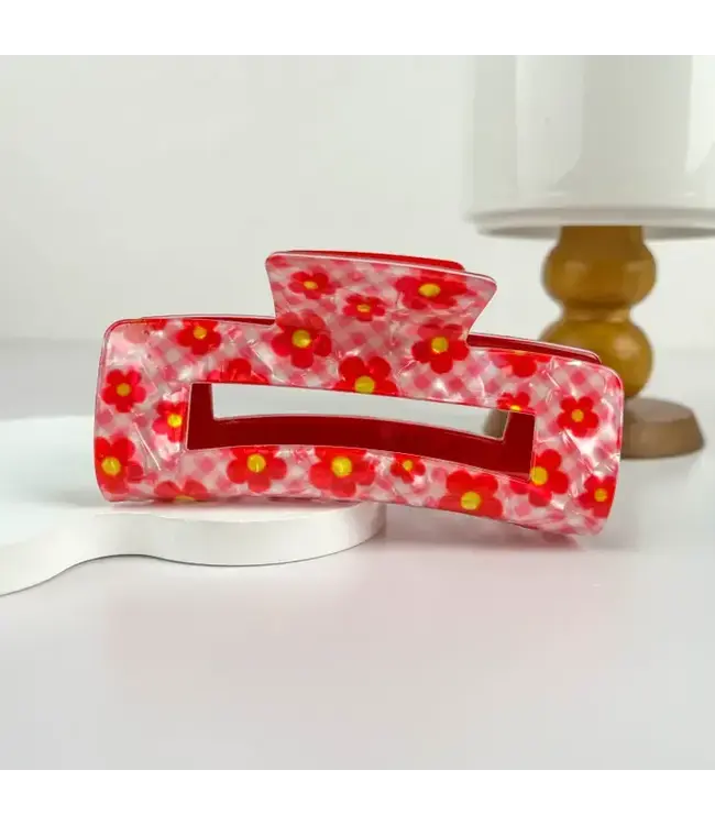 Square Checkerboard Hair Clip - Rose Red