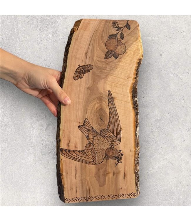 Hand Burned Live Edge Wall Art - Birds & Fruit