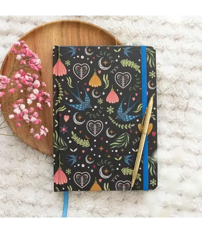 Midnight Bloom Folk Floral Print A5 Notebook