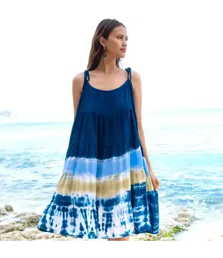 Suzie Blue Canada Beach Stripe & Tie Dye Short Tiered Dress in Navy