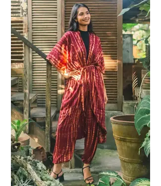 Suzie Blue Canada Tie Dye Long Kimono - Maroon & Gold