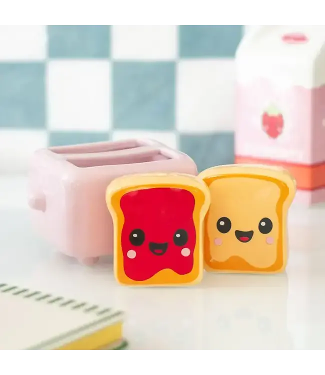 Kawaii Toast Salt and Pepper Shakers in Toaster Holder