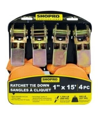 4 PC Ratchet Tie Down Set 1" X 15', WLL 500 Lbs.