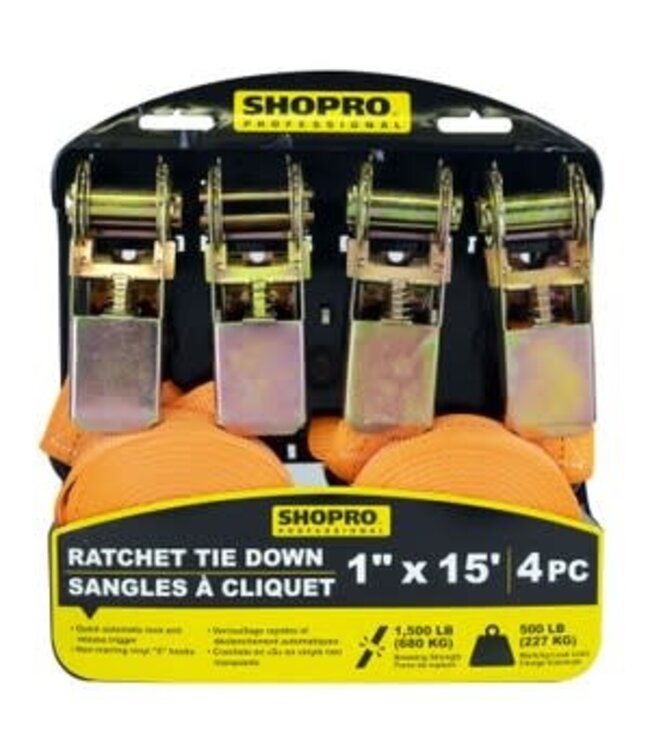 4 PC Ratchet Tie Down Set 1" X 15', WLL 500 Lbs.