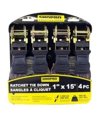 4 PC 1" x 15' Ratchet Tie Down- Camouflage