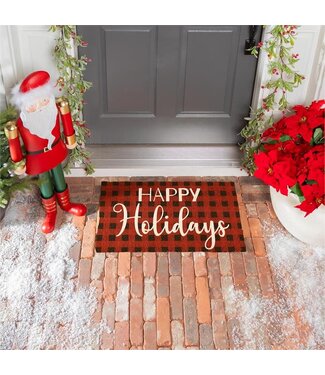 Evergreen Happy Holidays Plaid Coir Mat