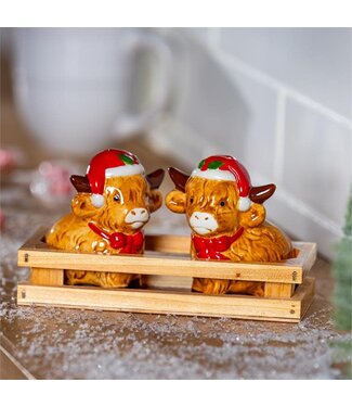 Evergreen Holly Homestead Salt & Pepper Shaker Set Ceramic Highland Cow