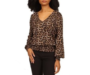 Michael Kors Cheetah LS Smocked Top