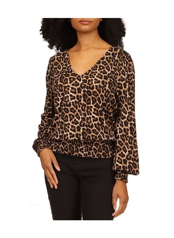 Michael Kors Cheetah LS Smocked Top