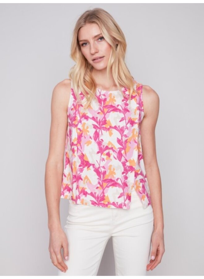 Printed Sleeveless Linen Top With Slit