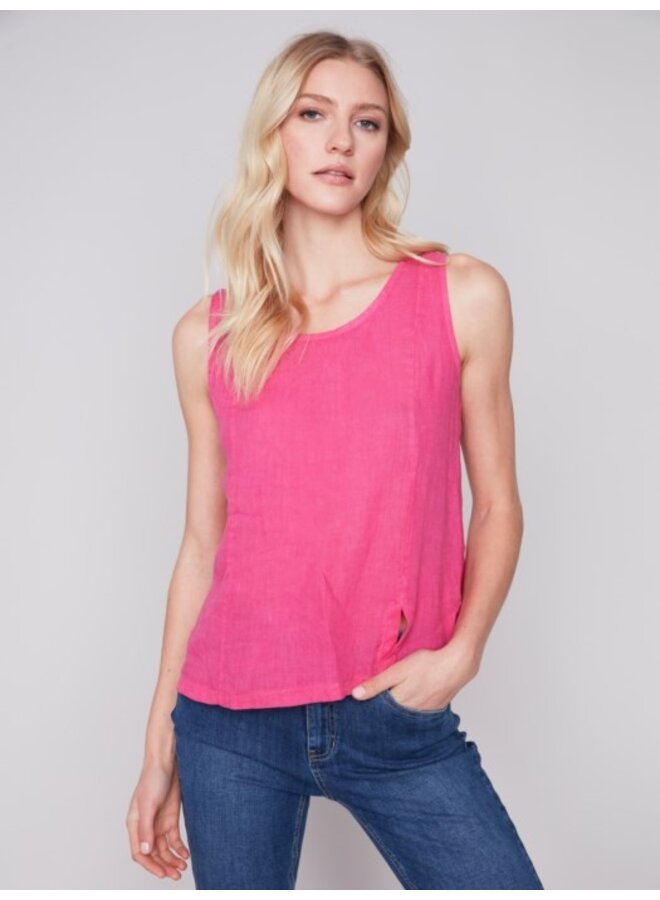 Solid Sleeveless Linen Top With Slits