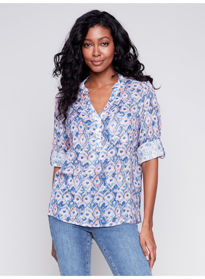 Printed Roll Up Sleeve Cotton Gauze Blouse