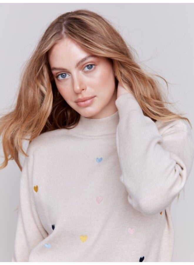 Heart Embroidered Mock Neck Sweater