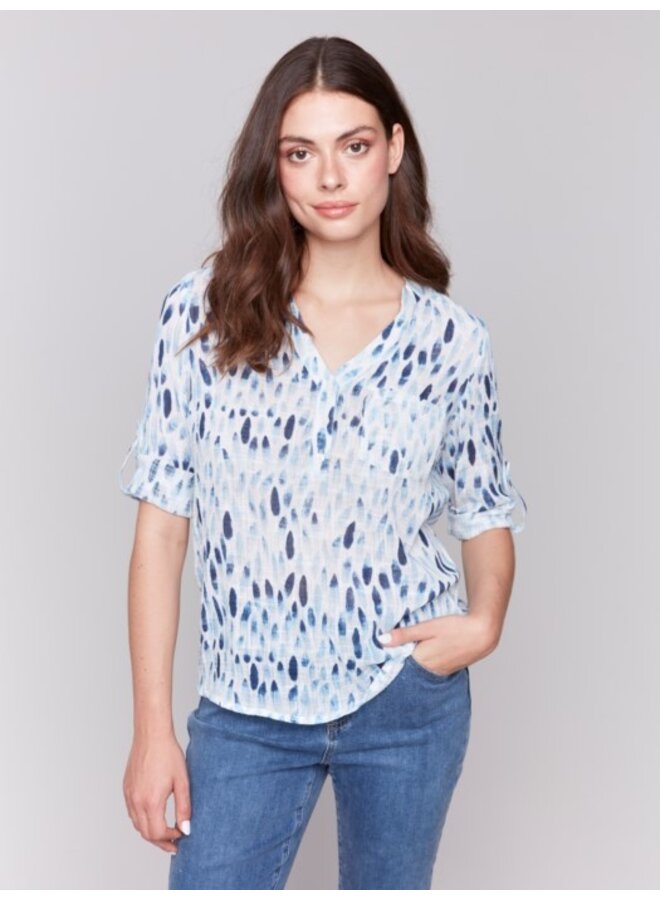 Printed Cotton Gauze Half-Button Blouse