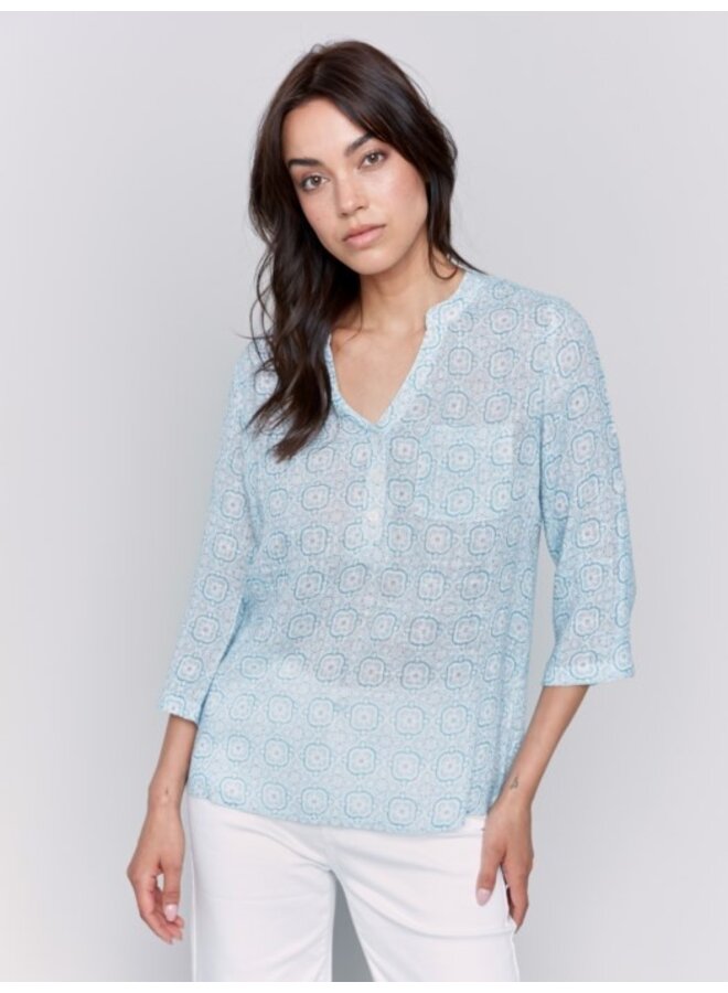 Printed Cotton Gauze Half-Button Blouse