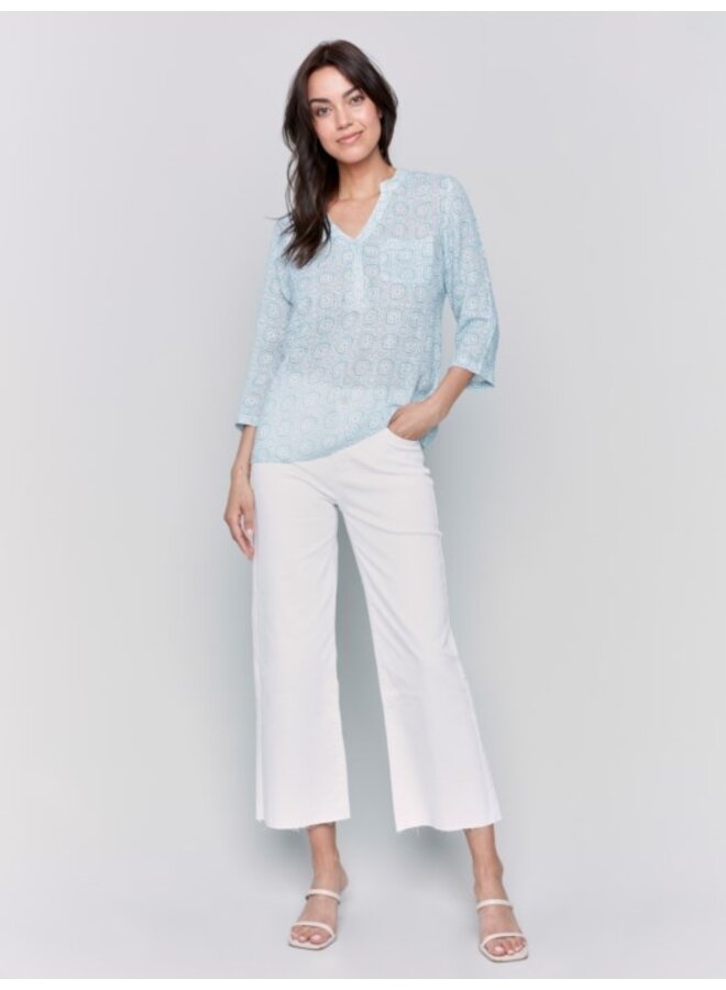 Printed Cotton Gauze Half-Button Blouse