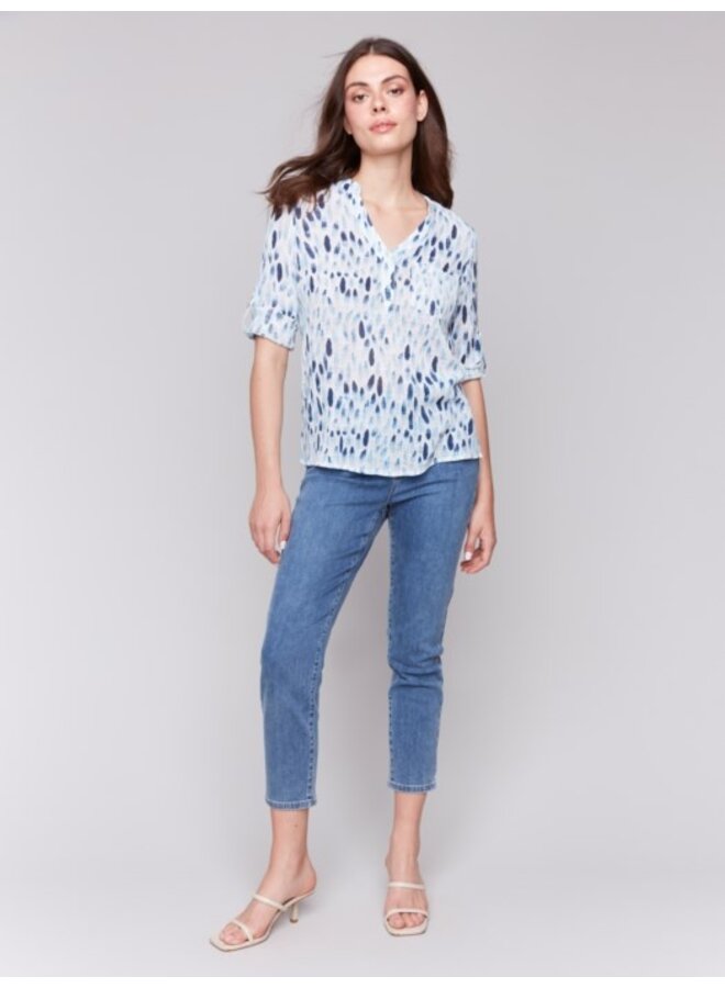 Printed Cotton Gauze Half-Button Blouse