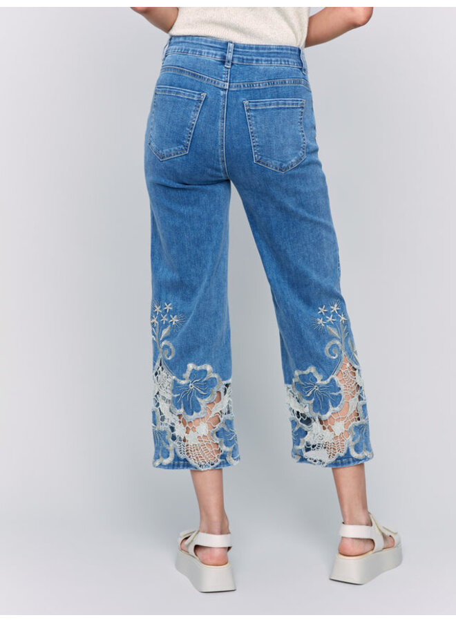 Crop Flare Leg Jeans with Lace Hem