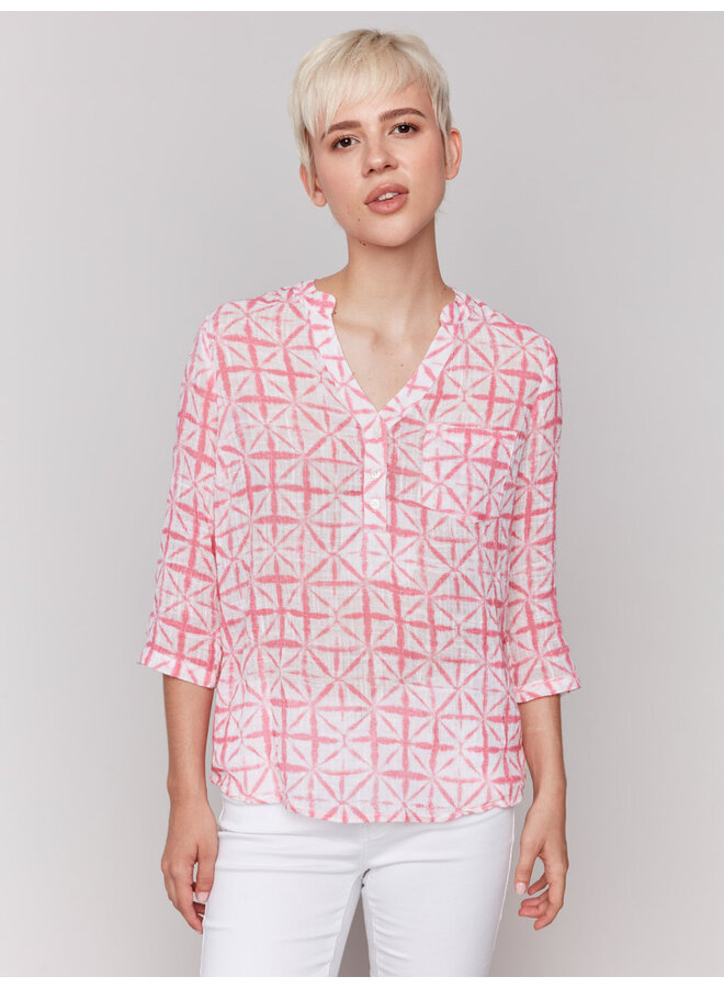 Printed Cotton Gauze Half-Button Blouse