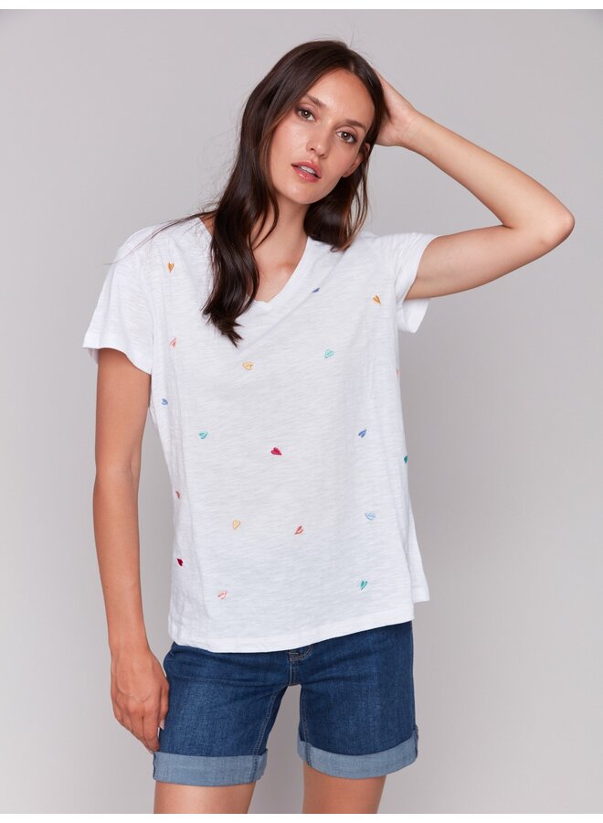Short Sleeve V Neck Hearts