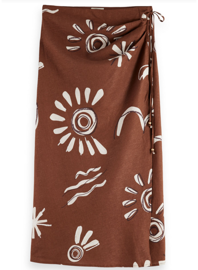 Linen Blend Printed Wrap Skirt