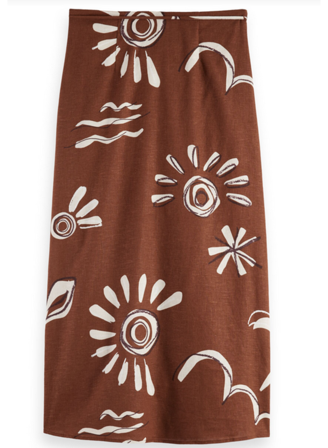 Linen Blend Printed Wrap Skirt