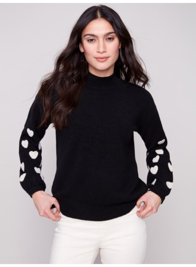 Mock Neck Sweater with Embroidered Hearts