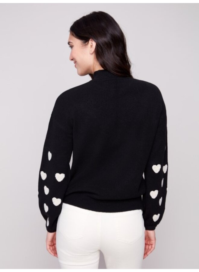 Mock Neck Sweater with Embroidered Hearts