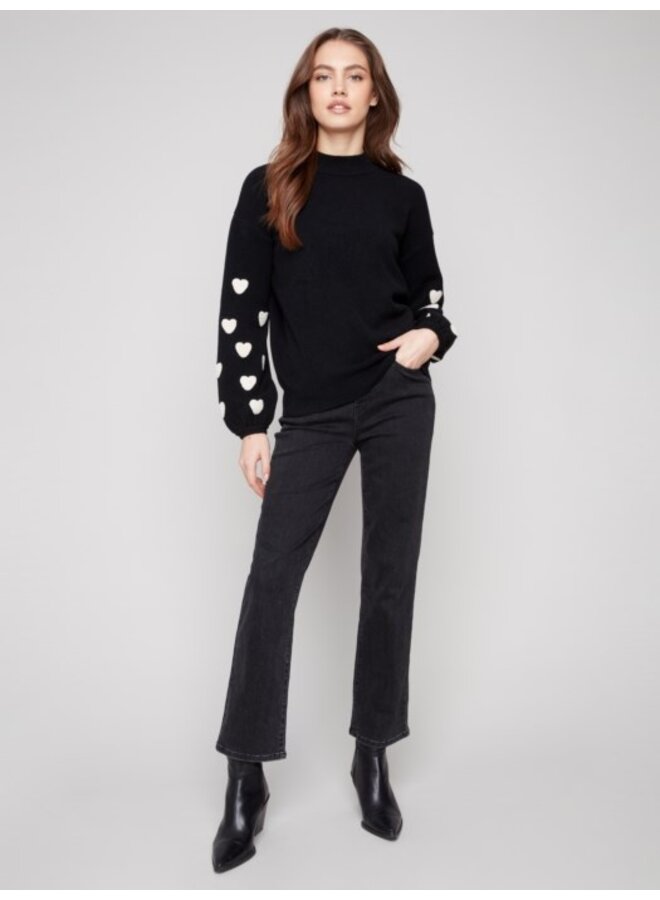 Mock Neck Sweater with Embroidered Hearts