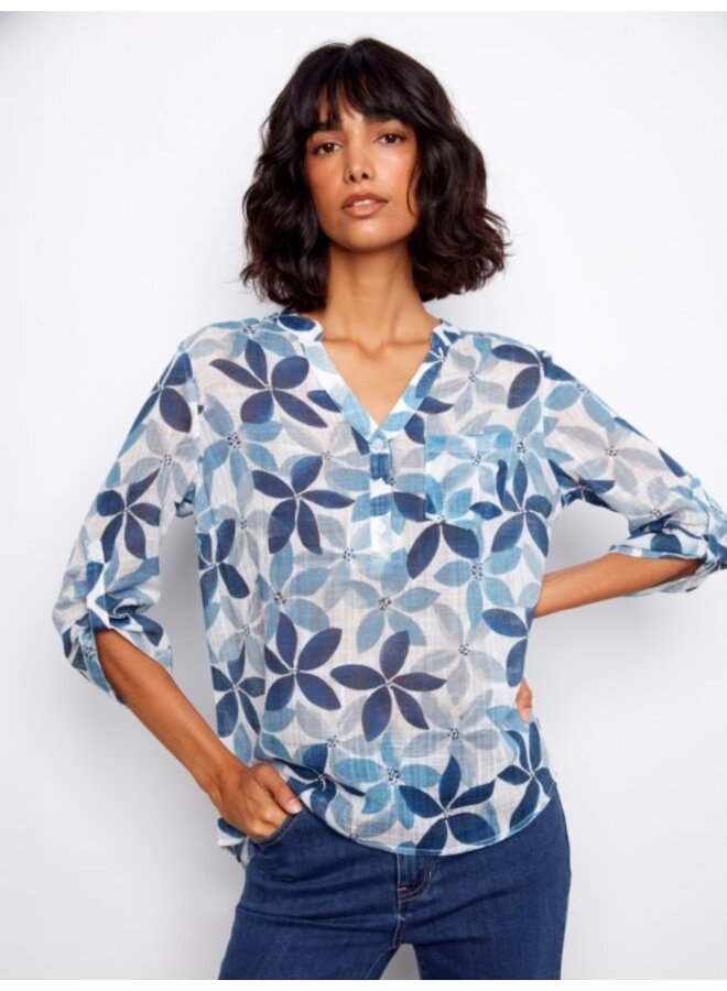 Printed Cotton Gauze Half-Button Blouse