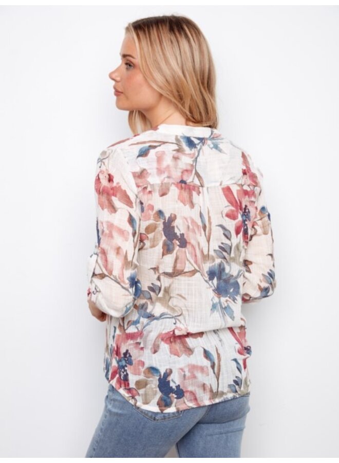 Printed Cotton Gauze Half-Button Blouse