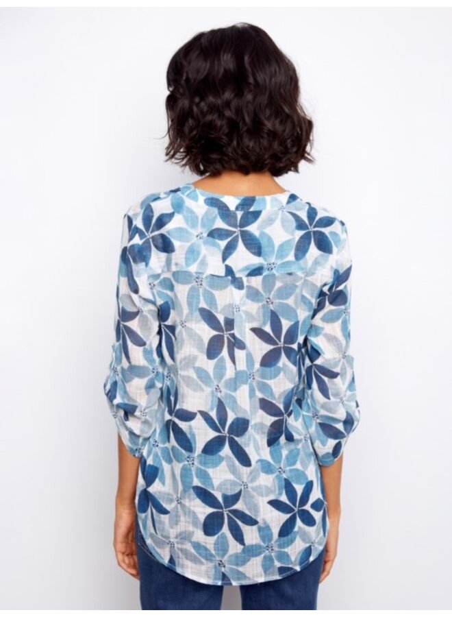 Printed Cotton Gauze Half-Button Blouse