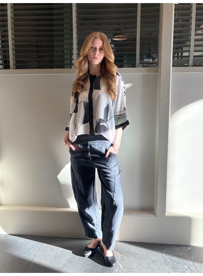 Patterned Linen Short Sleeve Top