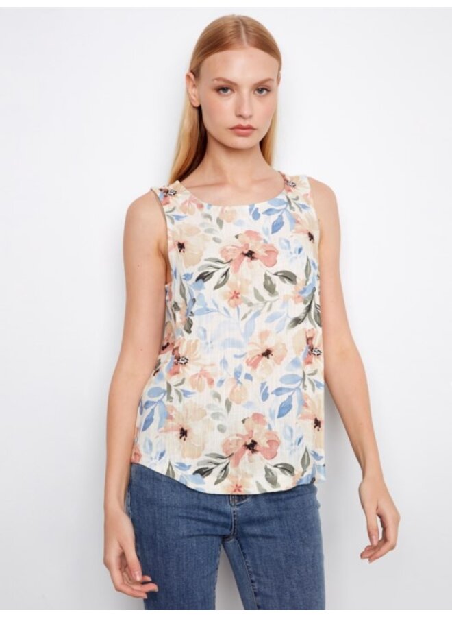 Printed Sleeveless Linen Blend Blouse