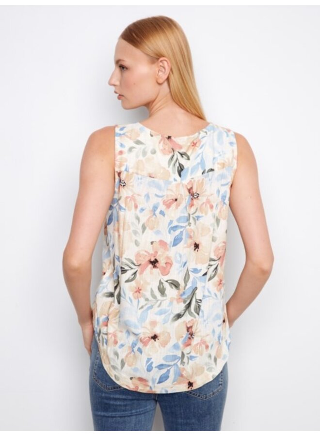Printed Sleeveless Linen Blend Blouse