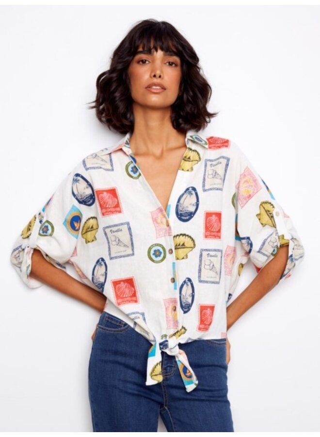 Linen Blend Front Tie Blouse