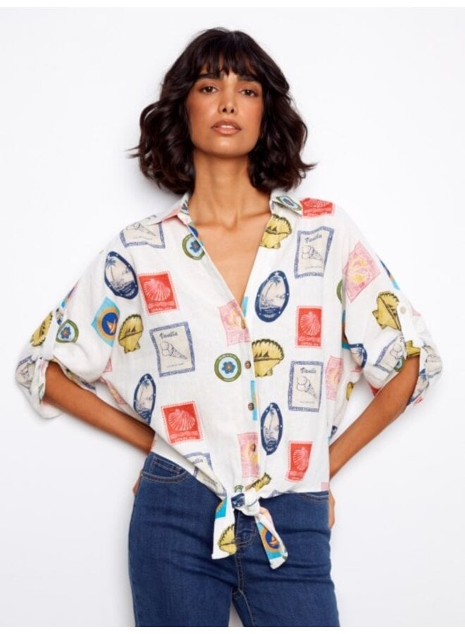 Linen Blend Front Tie Blouse