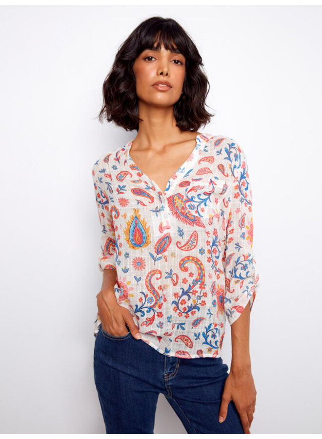 Printed Cotton Gauze Half-Button Blouse