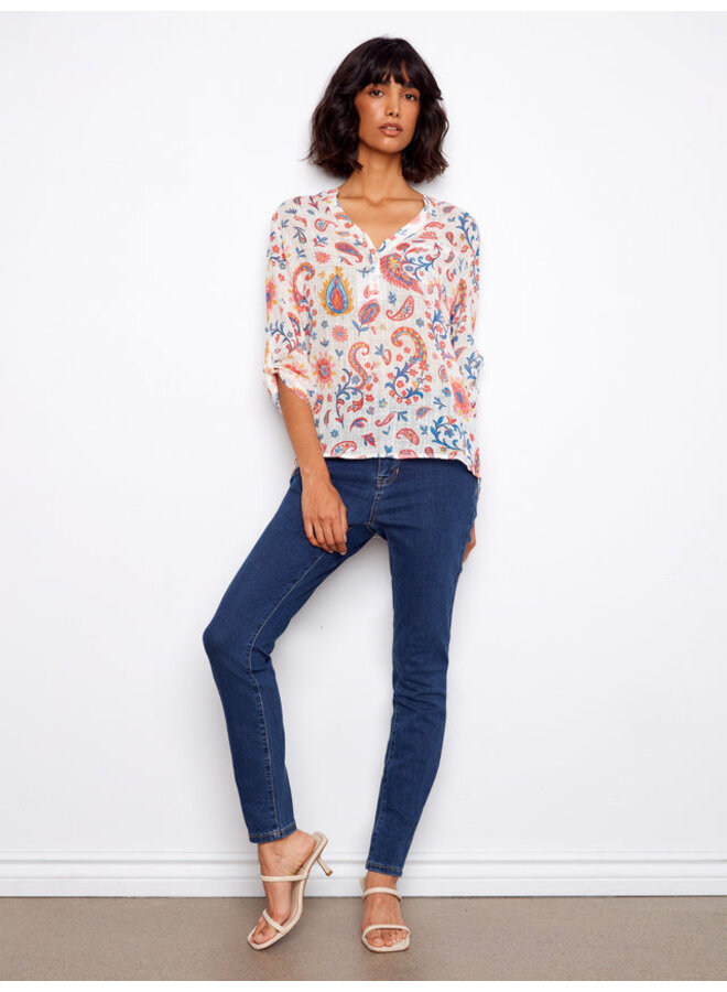Printed Cotton Gauze Half-Button Blouse