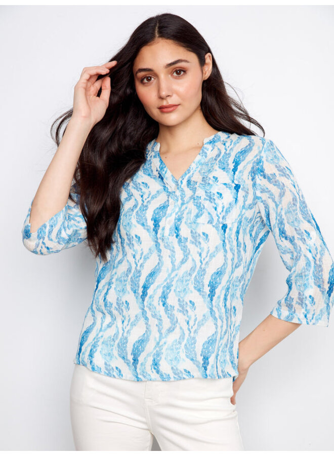 Printed Cotton Gauze Half-Button Blouse