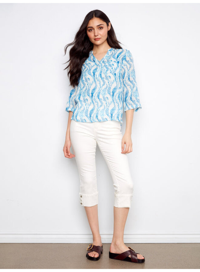 Printed Cotton Gauze Half-Button Blouse