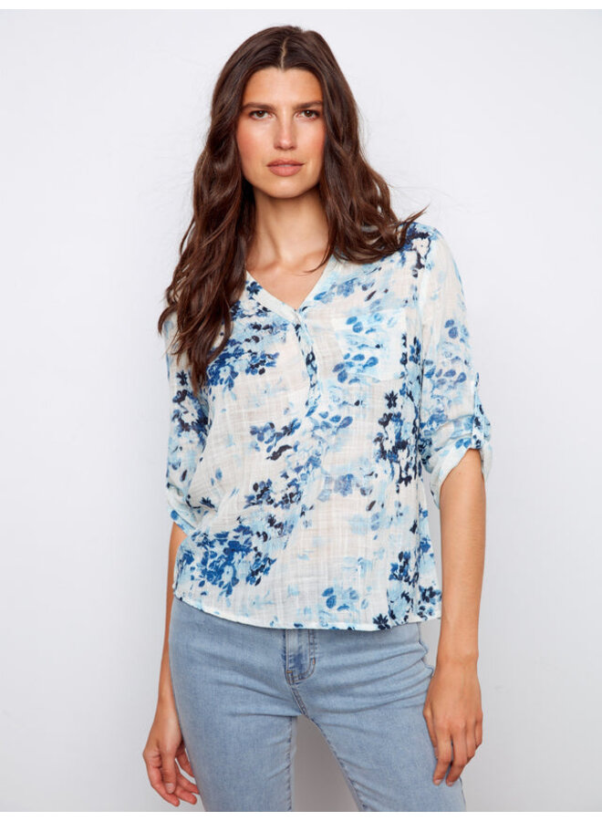 Printed Cotton Gauze Half-Button Blouse